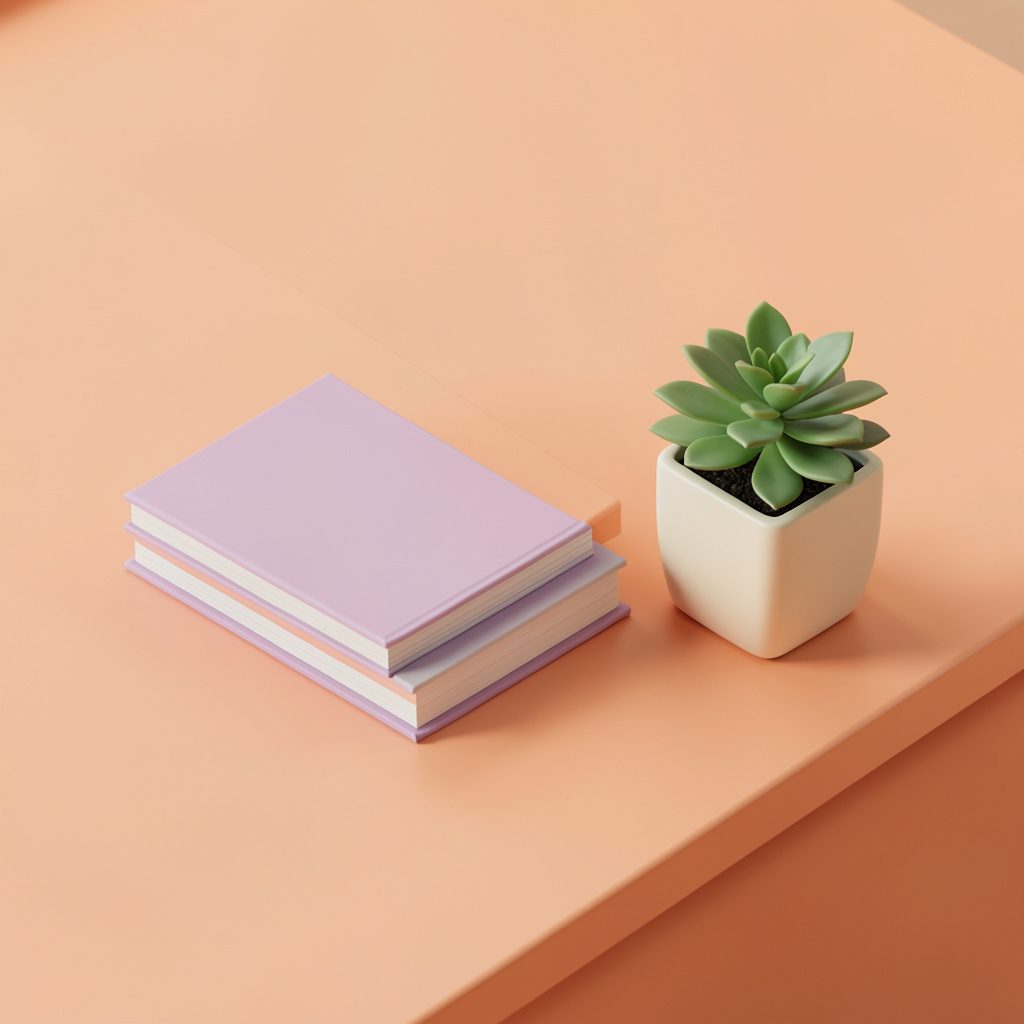 Isometric 3D render of a stack of slim pastel books beside a small potted plant on a warm peach-toned desk, in soft mauve and cream colours