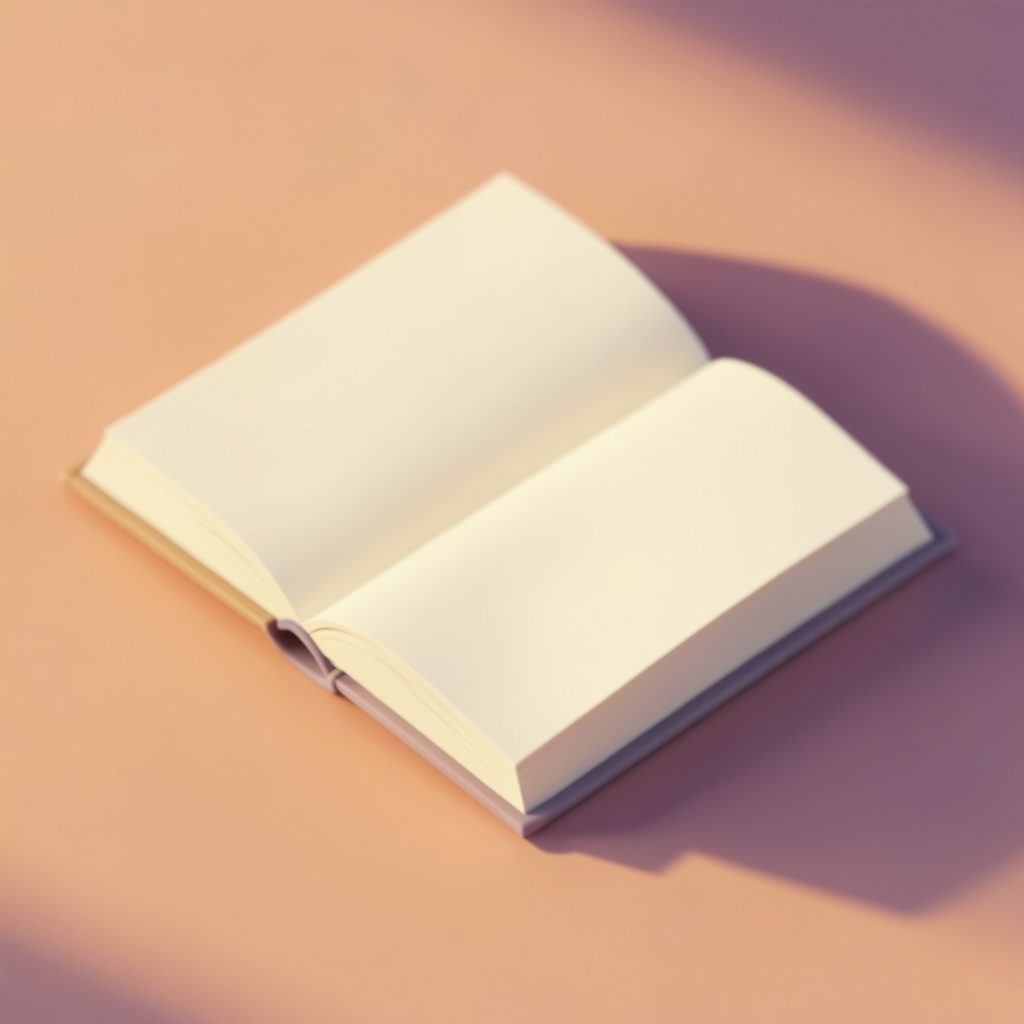 Soft-focus isometric illustration of an open hardcover book resting on a warm surface, lit by gentle afternoon light in muted cream and plum tones